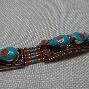 Tribal TURQUOISE & RED CORAL Handmade Sterling Bracelet Size 7" #38C